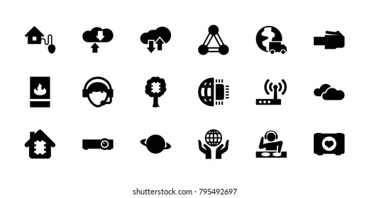 Network icons. set of 18 editable filled network icons: connection, case with heart, planet, cpu in house, cpu in tree, operator, download cloud, phone cable, smart home