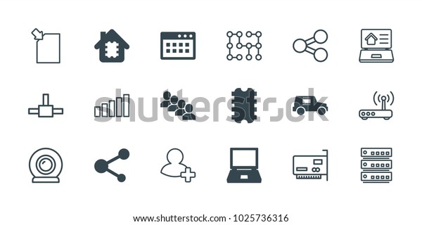 Network icons. set of 18 editable\
filled and outline network icons: laptop, cpu in house, cpu, share,\
browser window, add friend, network connection,\
server