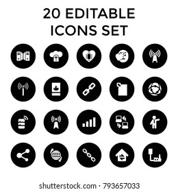 Network icons. set of 20 editable filled network icons such as signal tower, businessman, chain, transmitter, share. best quality network elements in trendy style.