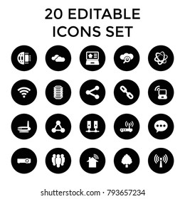 Network icons. set of 20 editable filled network icons such as chat, group, server, search cloud, router, link, share. best quality network elements in trendy style.