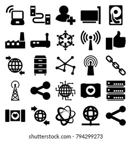 Network icons. set of 25 editable filled network icons such as signal tower, case with heart, cpu planet, qround the globe, connection, thumb up, share, signal, add friend