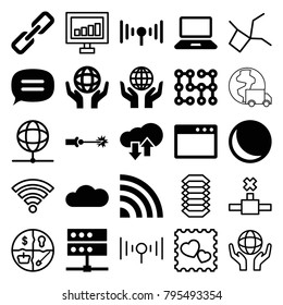 Network icons. set of 25 editable filled and outline network icons such as sphere, holding globe, server, browser window, signal, chat, cloud, electric circuit