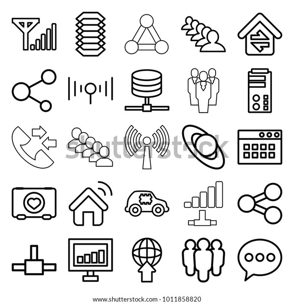 Network icons. set of\
25 editable outline network icons such as group, signal, chat,\
planet, case with heart, cpu in car, share, network connection,\
server, globe download