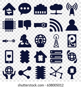 Network icons set. set of 25 network filled icons such as signal tower, qround the globe, holding globe, connection, heart mobile, share, home connection, cpu, user globe