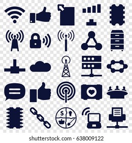 Network icons set. set of 25 network filled icons such as signal tower, group, signal, case with heart, chain, thumb up, nightstand, chat, cloud, cpu, security lock, wi-fi