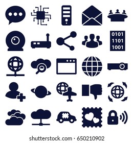 Network icons set. set of 25 network filled icons such as cloudy weather, cpu, group, globe and plane, photo with heart, share, add friend, globe, envelope, security lock