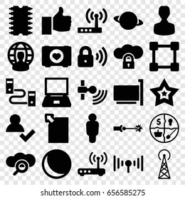 Network icons set. set of 25 network filled icons such as signal tower, case with heart, star, signal, cpu, security lock, router, user globe, electric circuit, thumb up