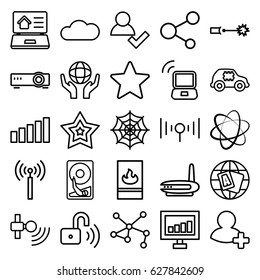 Network icons set. set of 25 network outline icons such as signal tower, globe, spider web, signal, holding globe, connection, share, add friend, star, cloud