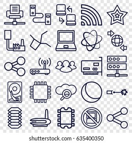 Network icons set. set of 25 network outline icons such as no laptop, qround the globe, wi-fi, group, star, router, laptop connection, electric circuit, cpu, hard disc, laptop