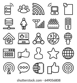 Network icons set. set of 25 network outline icons such as connection, cpu, group, wi-fi, thumb up, home connection, real estate on laptop, user group, star, laptop signal