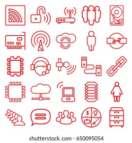 Network icons set. set of 25 network outline icons such as group, operator, nightstand, chat, wi-fi, opened security lock, router, user group, laptop signal, signal, cpu