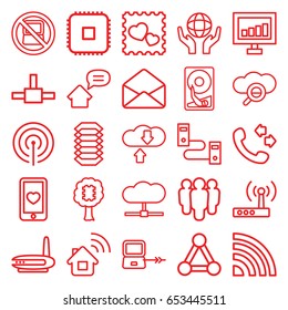 Network icons set. set of 25 network outline icons such as no laptop, laptop connection, connection, signal, call, holding globe, heart mobile, photo with heart, envelope
