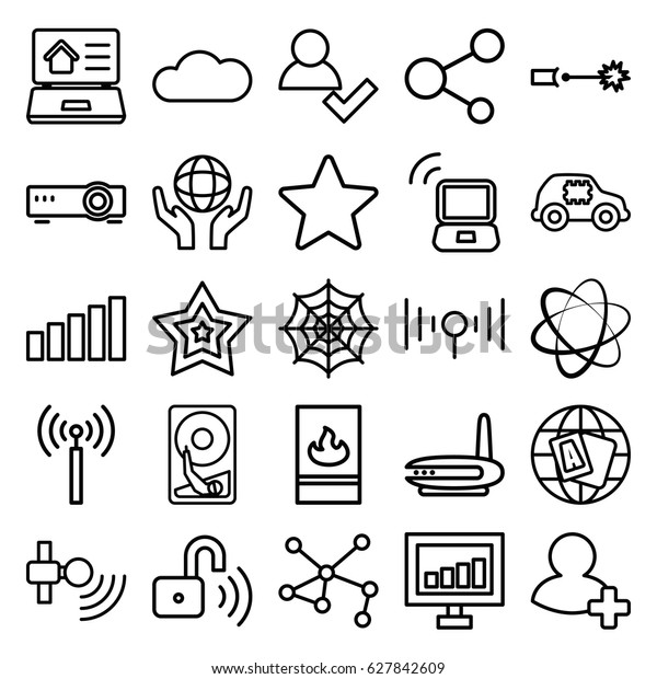 Network icons set. set of 25 network\
outline icons such as signal tower, globe, spider web, signal,\
holding globe, connection, share, add friend, star,\
cloud