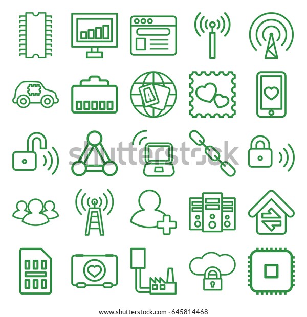 Network icons set.\
set of 25 network outline icons such as signal tower, connection,\
globe, signal, case with heart, chain, heart mobile, photo with\
heart, group, add\
friend