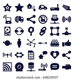 Network icons set. set of 36 network filled icons such as no laptop, group, connection, share, thumb up, chat, wi-fi, star, signal, smart home, web camera, sim card