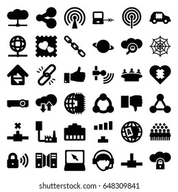 Network icons set. set of 36 network filled icons such as laptop connection, globe, spider web, group, signal, chain, photo with heart, laptop, thumb up, operator