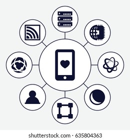 Network icons set. set of 9 network filled icons such as heart mobile, wi-fi, cpu planet, user, sphere, network connection