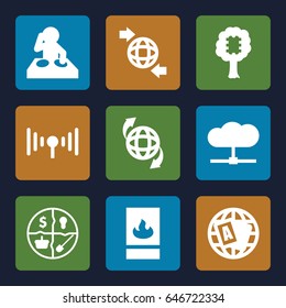 Network icons set. set of 9 network filled icons such as globe, qround the globe, signal, fire protection, marketing, cpu in tree, dj