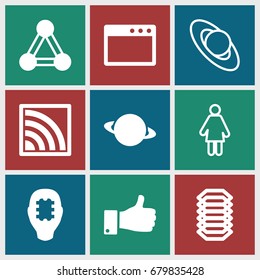 Network icons set. set of 9 network filled and outline icons such as connection, thumb up, wi-fi, electric circuit, planet, cpu in head, browser window