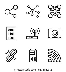 Network icons set. set of 9 network outline icons such as case with heart, connection, share, binary code, router, roundelay, chain, server