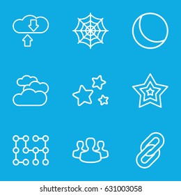 Network icons set. set of 9 network outline icons such as cloudy weather, spider web, star, user group, electric circuit, sphere, download cloud