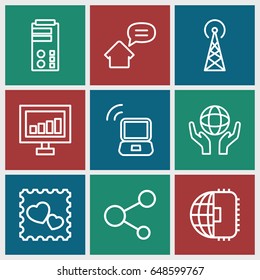 Network icons set. set of 9 network outline icons such as signal tower, signal, holding globe, photo with heart, share, home message, laptop signal, cpu planet