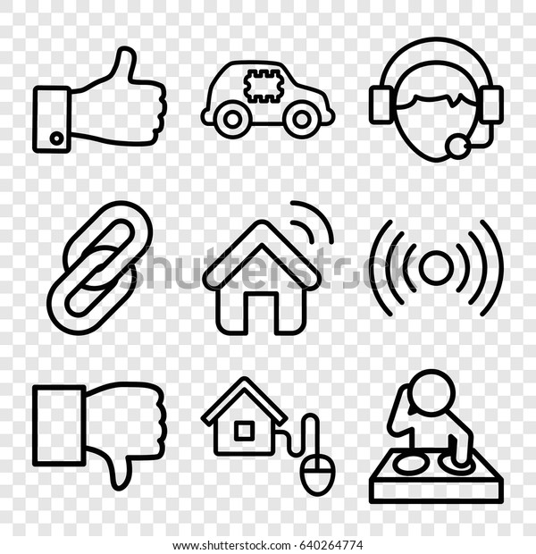 Network icons set. set of 9 network outline icons\
such as thumb up, operator, smart home, house signal, dislike, cpu\
in car, signal, link