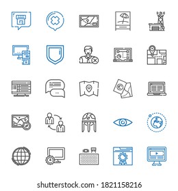 network icons set. Collection of network with computer, browser, components, worldwide, earth, security, earth globe, teamwork, map, laptop. Editable and scalable network icons.
