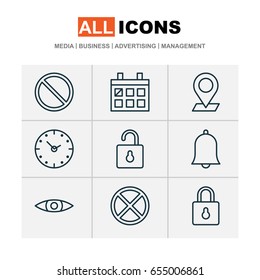Network Icons Set. Collection Of Glance, Pinpoint, Calendar And Other Elements. Also Includes Symbols Such As Almanac, Lock, Exit.