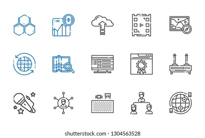 network icons set. Collection of network with internet, structure, components, networking, voice, router, browser, computer, map, earth grid. Editable and scalable network icons.