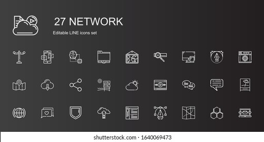network icons set. Collection of network with map, vector, browser, cloud computing, security, chat, global, video player, cloud, signal. Editable and scalable network icons.