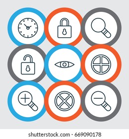 Network Icons Set. Collection Of Time, Zoom Out, Exit And Other Elements. Also Includes Symbols Such As Padlock, Magnifier, Open.