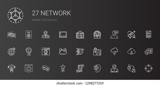 network icons set. Collection of network with user, artificial intelligence, communications, favorite, chat, signal, antenna, cloud, map. Editable and scalable network icons.