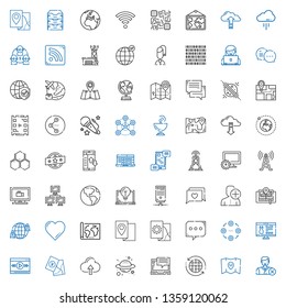 network icons set. Collection of network with user, map, earth grid, laptop, planet, cloud computing, video player, website, structure, chat. Editable and scalable network icons.