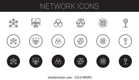 network icons set. Collection of network with video player, molecule, chat, earth grid, creative process. Editable and scalable network icons.