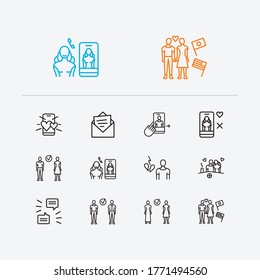Network icons set. Online dating app and network icons with international couple, date on the rooftop and gay couple compatibility. Set of letter for web app logo UI design.