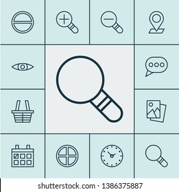 Network icons set with zoom in, check in, scenery image and other time elements. Isolated vector illustration network icons.
