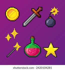 network icons of spells and potions in pixel vector illustration pixel art for web, games, websites, postcards