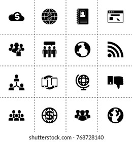 Network icons. vector collection filled network icons. includes symbols such as contact book, connection, group, globe, dislike, browser. use for web, mobile and ui design.