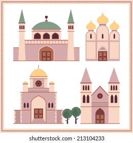 Network illustration with buildings and elements. Mosque. Orthodox church. Synagogue. Catholic church.