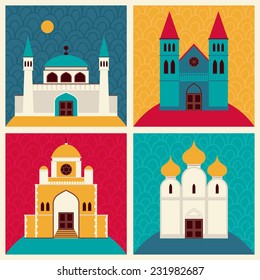 Network illustration with buildings and elements. Mosque. Orthodox church. Synagogue. Catholic church.