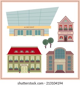 Network illustration with buildings and elements. Station. Airport. Boutique. Hotel.