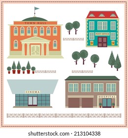 Network illustration with buildings and elements. Town Hall. Hospital. Cinema. Post office.