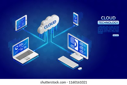 Network illustration with computer, laptop, tablet, and smartphone. Cloud technology computing concept. 3d landing page layout, web banner