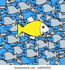 Network illustration with decorative fish. Cartoon. 