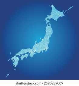 Network image of Japan map, map of the Japanese archipelago Communication, infrastructure, logistics image Blue Dark background