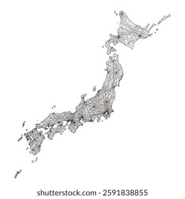 Network image of Japan map, map of the Japanese archipelago Communication, infrastructure, logistics image Monochrome line drawing white background