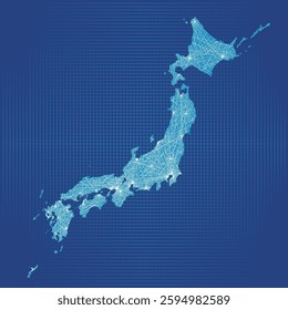 Network image of Japan map, map of the Japanese archipelago Communication, infrastructure, logistics image Blue Dark background
