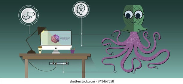 Network Info graphic with cute octopus and work desk.Computer,table,web icons and logo.Vector illustration.