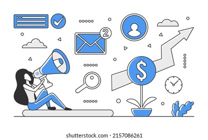 Intercambio de información de red. Comunicación digital y promoción de la ilustración monocolor vectorial de campaña
